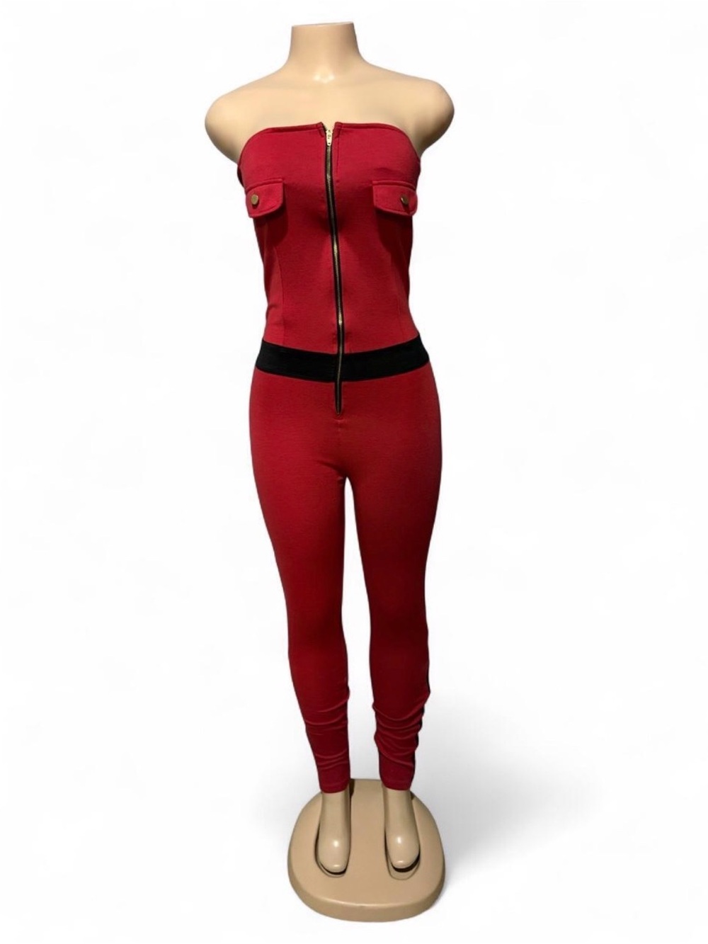 Strapless Red Jumpsuit with Black Waistband